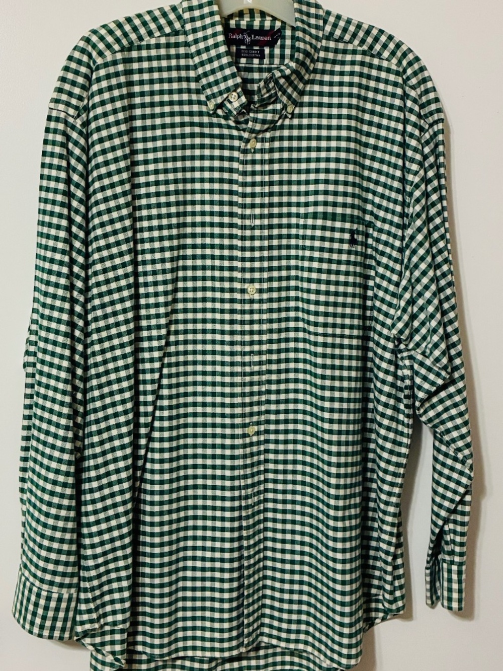 RALPH LAUREN MENS CASUAL BIG SHIRT SZ L GREEN/WHITE CHECK L/SLVE 100% COTTON